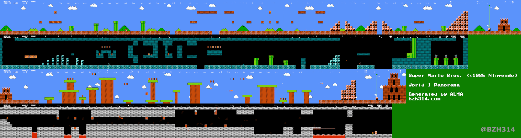 All Super Mario Bros. levels of World 1 stitched in a panorama by ALMA from a video gameplay